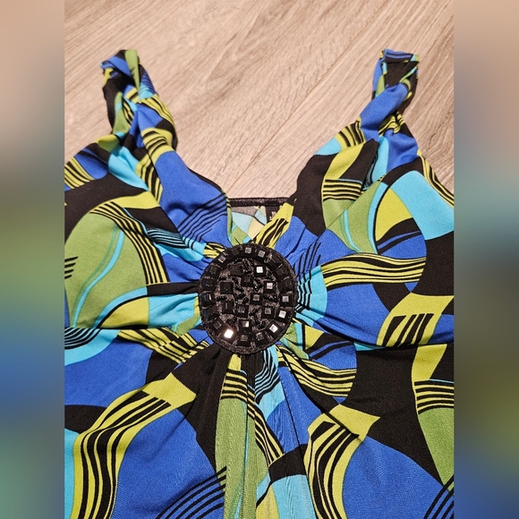 Bisou Bisou Blue Green Colorful Black Rhinestone Dress Tank Top Medium - Picture 2 of 5